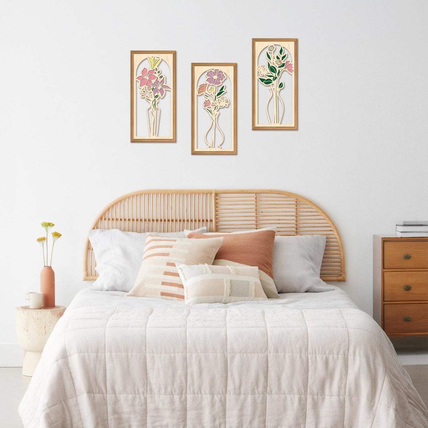 IARTTOP 3 Pcs Boho Flower Vase Wooden Wall Decor Minimalist Floral Farmhouse Decor Botanical Wood Wall Art Bohemian Flower Artwork for Bathroom Living Room Bedroom Housewarming Gifts 7.9 x15.8 Inch