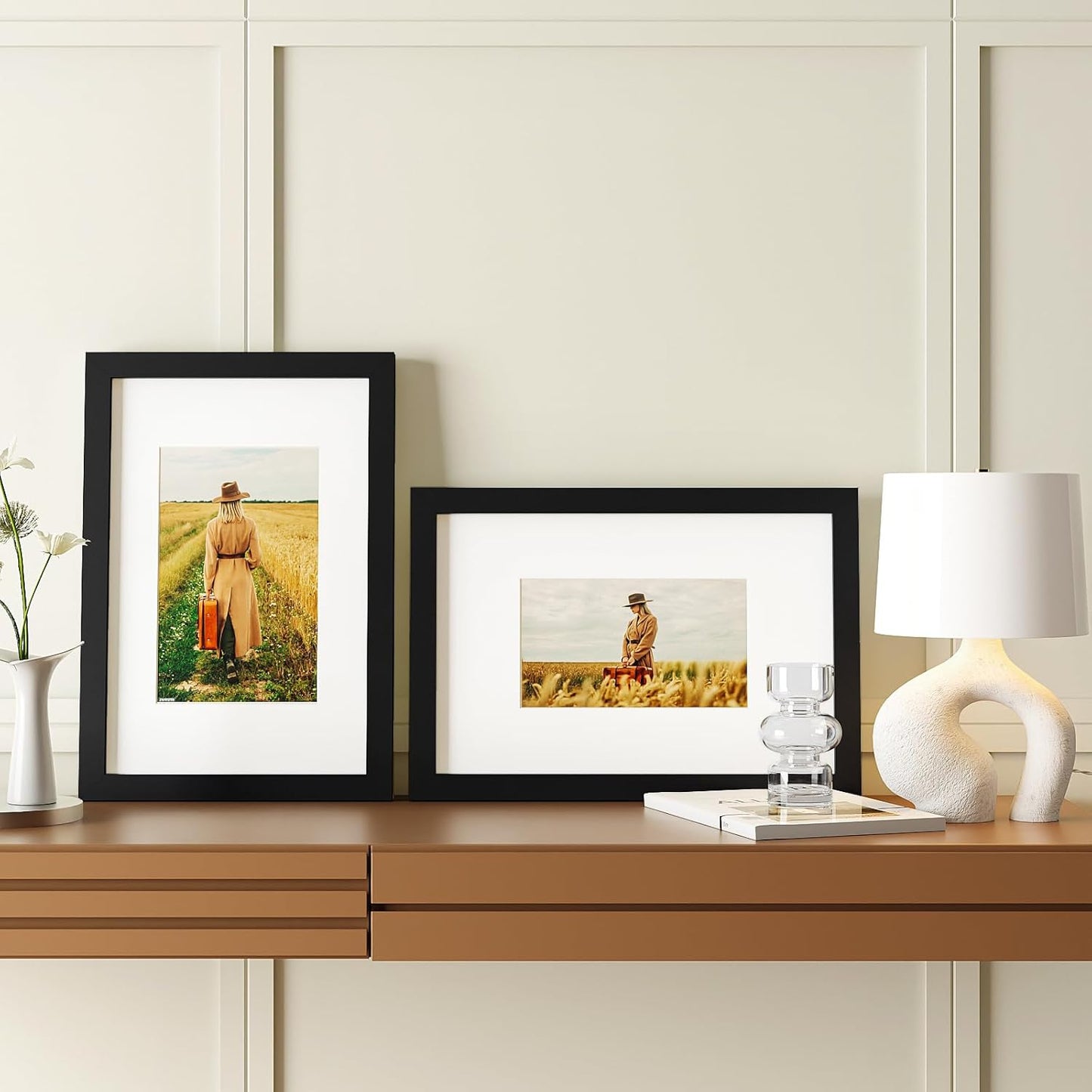 Egofine 8x12 Picture Frames Set of 4, Made of Solid Wood Covered by Plexiglass 5x7 and 6x8 with Mat or 8x12 without Mat, for Table Top Display and Wall Mounting Photo Frame Black