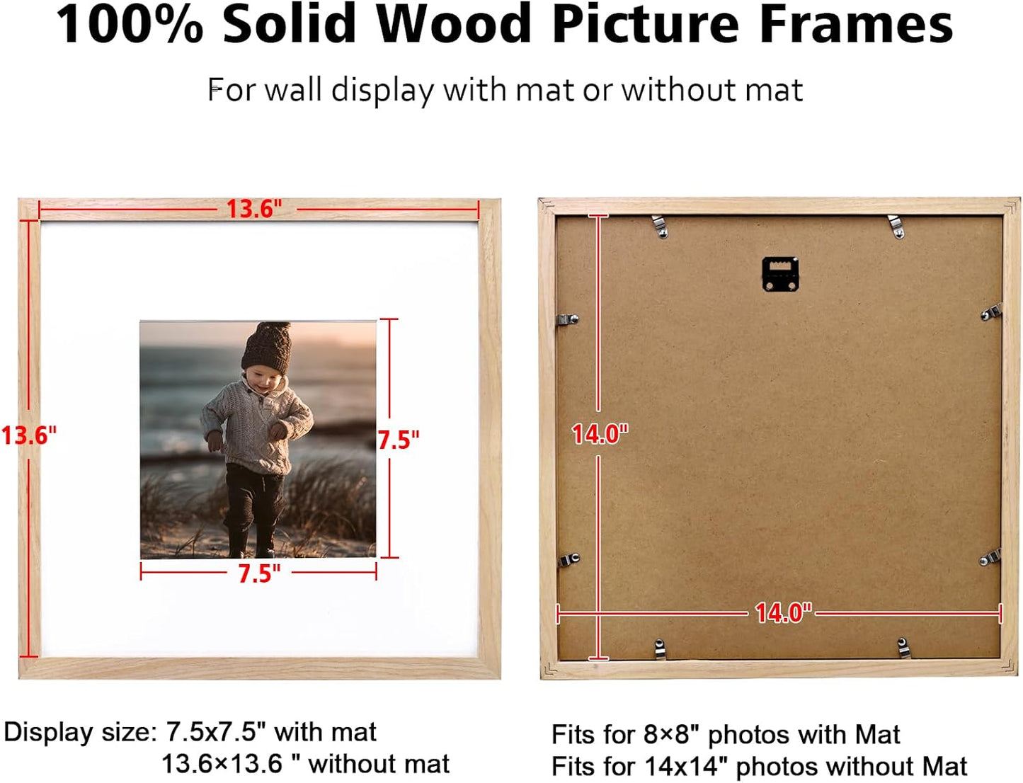 KINLINK 14x14 Picture Frame, Natural Square Solid Wood Frames for Pictures 8x8 with Mat or 14x14 without Mat, Wall Display Photo Frames Natural 4 Pack