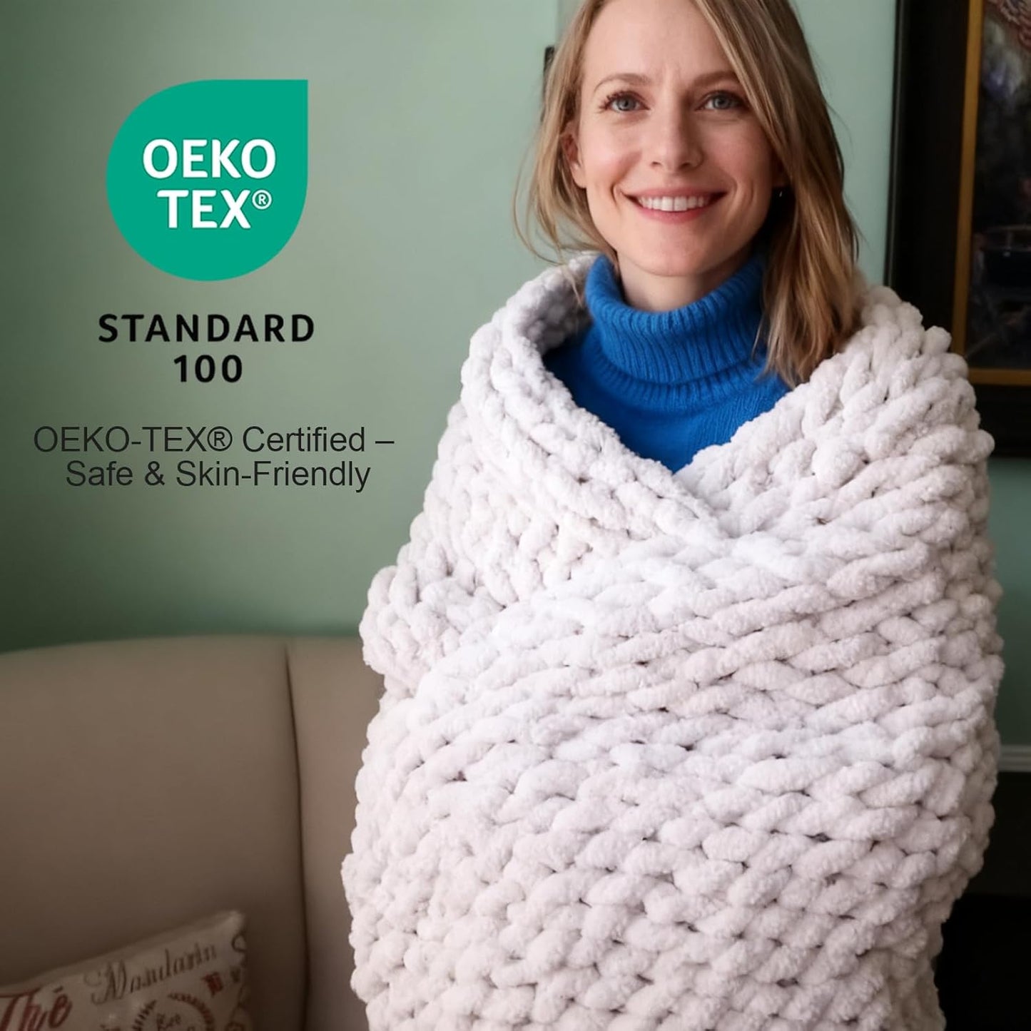 Luxury Chunky Knit Throw, Handmade Thick Cable Knit Crochet Blanket 50x60, White Soft Chenille Yarn Throw, Oeko-TEX Certified Blankets for Couch–Beds | Home Decor | Cozy Winter Gift