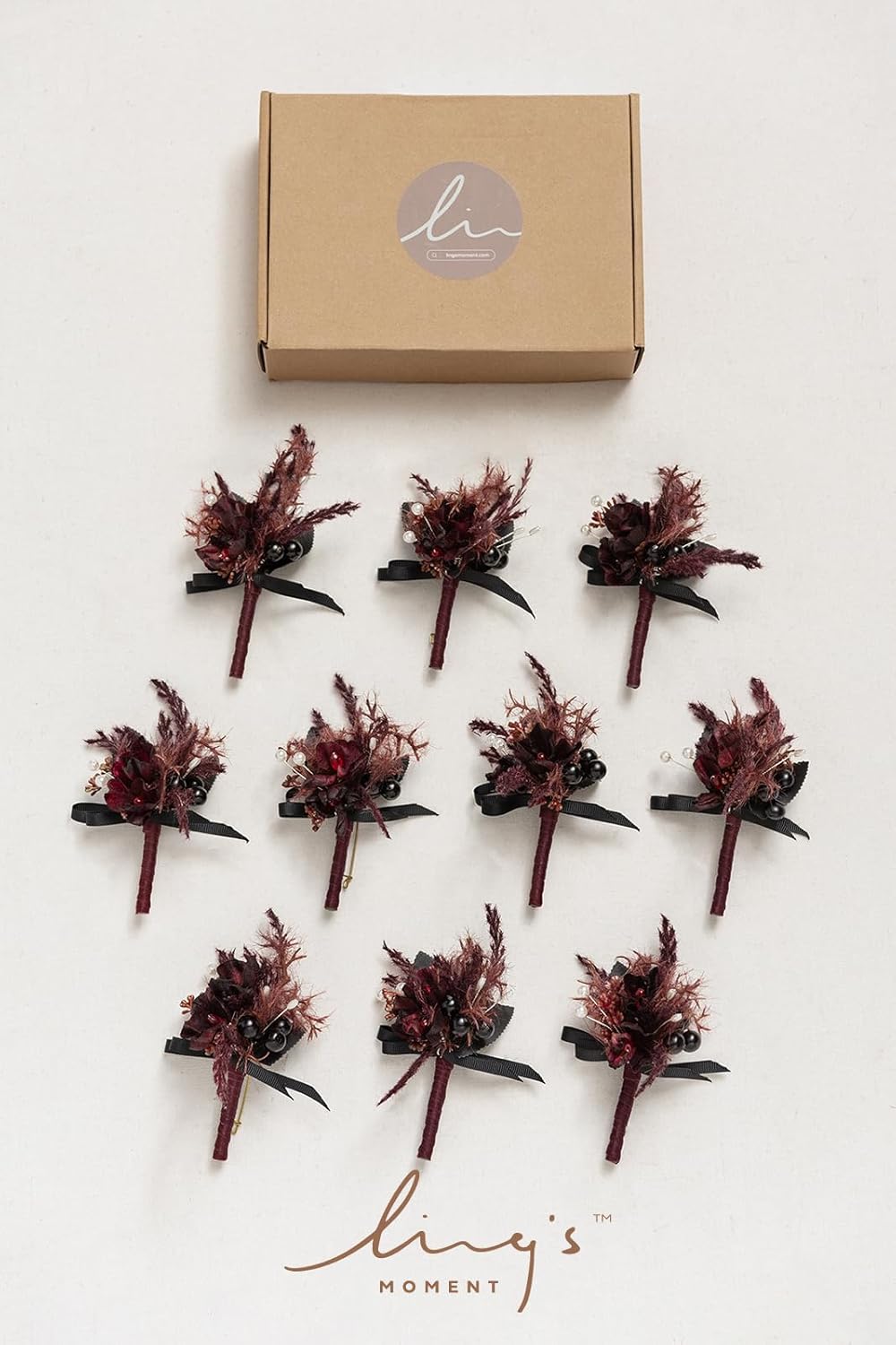 Ling's Moment Boutonniere for Men, 10pcs Groomsmen Guest Boutonniere, Artificial Flowers for Wedding Décor/Prom/Homecoming,etc.Black Gothic Burgundy