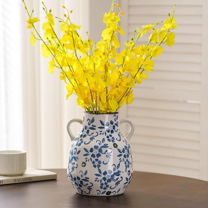 Blue and White Vintage Round Flower Vase with 2 Handles, Chinoiserie Floral Vase, Retro Ice Cracked Ceramic Large Vases for Home Decor, Living Room, Grand Millennial Chinoiserie Decor, 7.7 Inch