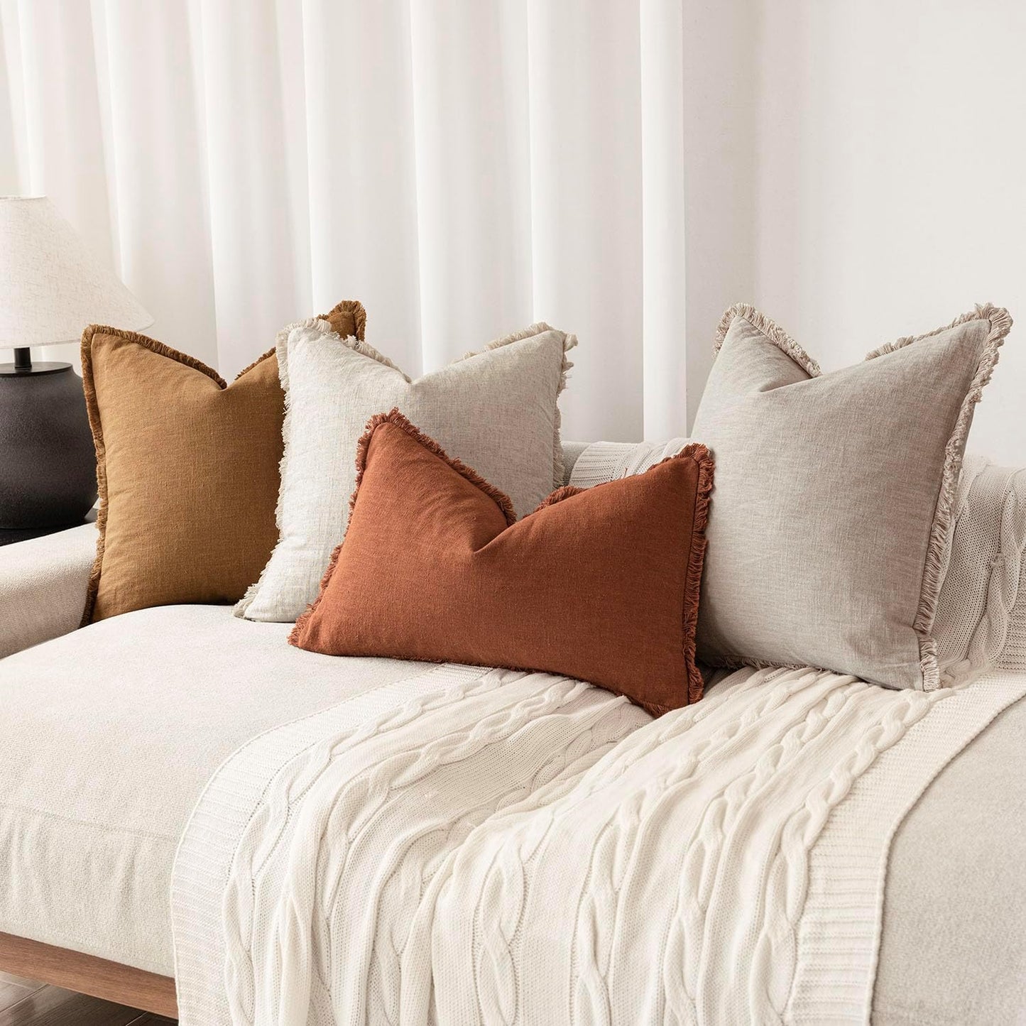 Foindtower Decorative Linen Fringe Throw Pillow Covers Cozy Boho Farmhouse Cushion Cover with Tassels Soft Accent Pillowcase for Chair Sofa Bed Living Room Home Decor, 24×24 Inch, 1PC,Orange Brown