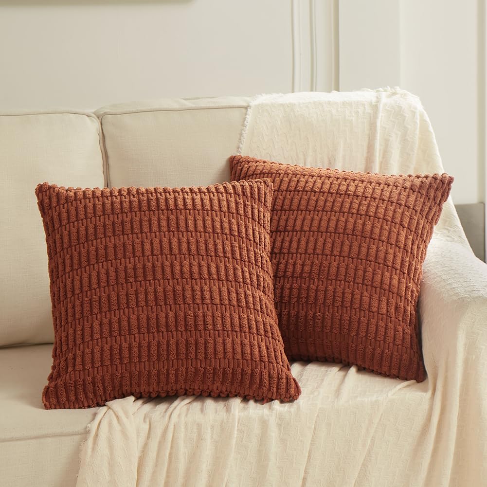 Fancy Homi 4 Packs Rust Decorative Throw Pillow Covers 24x24 Inch for Living Room Couch Bed Sofa, Terracotta Rustic Farmhouse Boho Home Decor, Soft Plush Striped Corduroy Square Cushion Case 60x60 cm