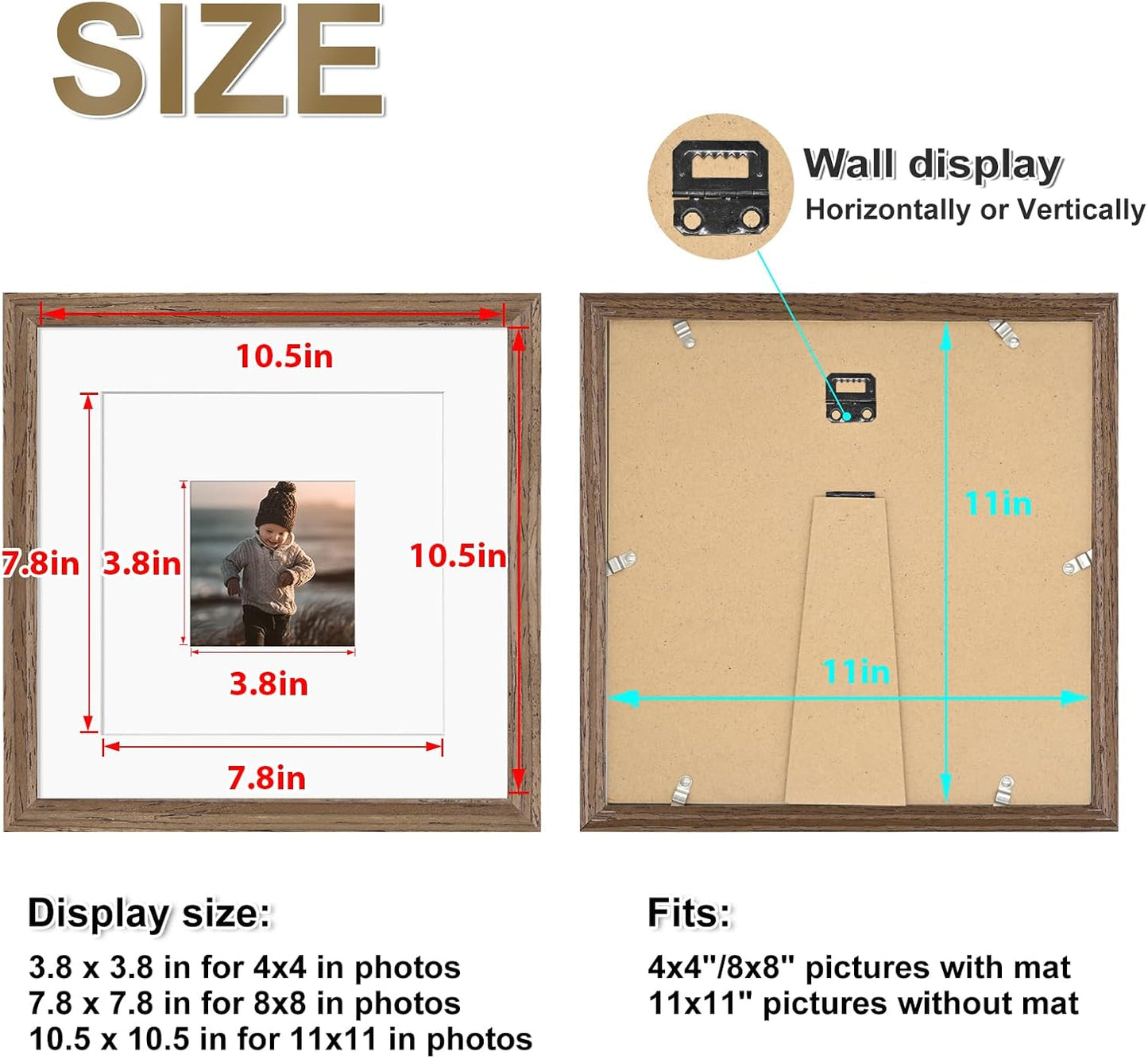 KINLINK 11x11 Picture Frame, Brown Square Solid Wood Frames for Pictures 4x4 and 8x8 with Mat or 11x11 without Mat, Wall and Tabletop Display Photo Frames Brown Wood 4 Pack