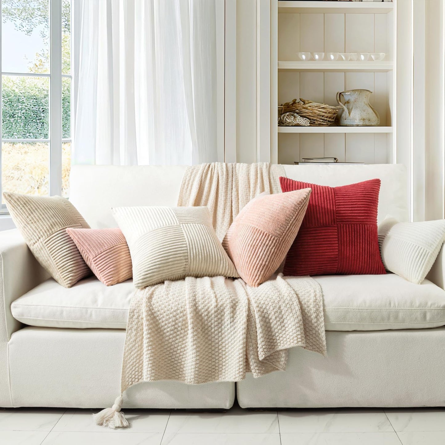 MIULEE Beige Corduroy Pillow Covers Pack of 2 Boho Decorative Spliced Throw Pillow Covers Soft Solid Couch Pillowcases Cross Patchwork Textured Cushion Covers for Living Room Bed Sofa 14x24 inch