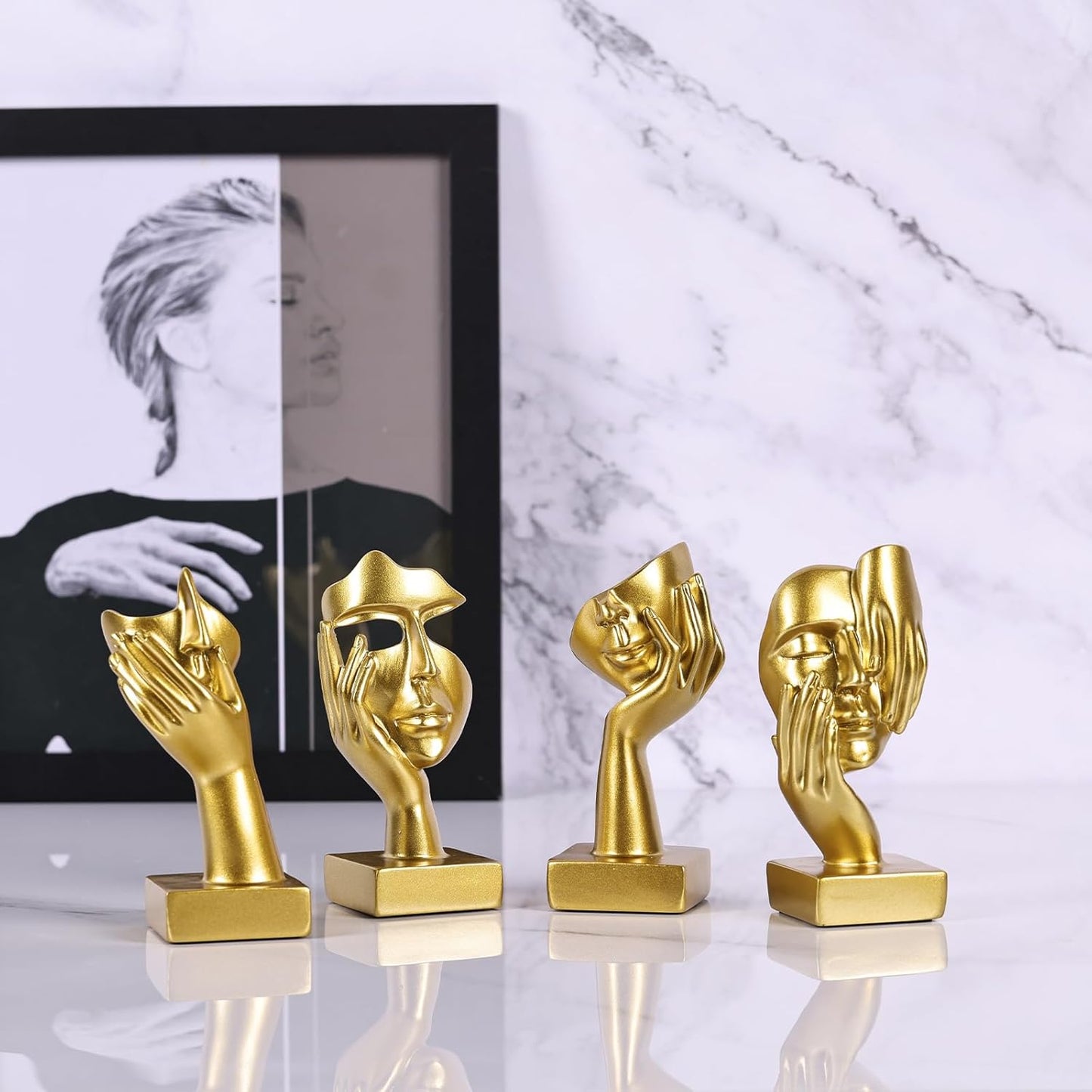 Gold Abstract Thinker Figurine Set of 4, Home Art Face Small Statue for Accents Decor Women Bedroom Shelf Bookcase Room Desk, TV Stand, Coffee Table Decor, Art Sculpture Gifts for Women (Gold)