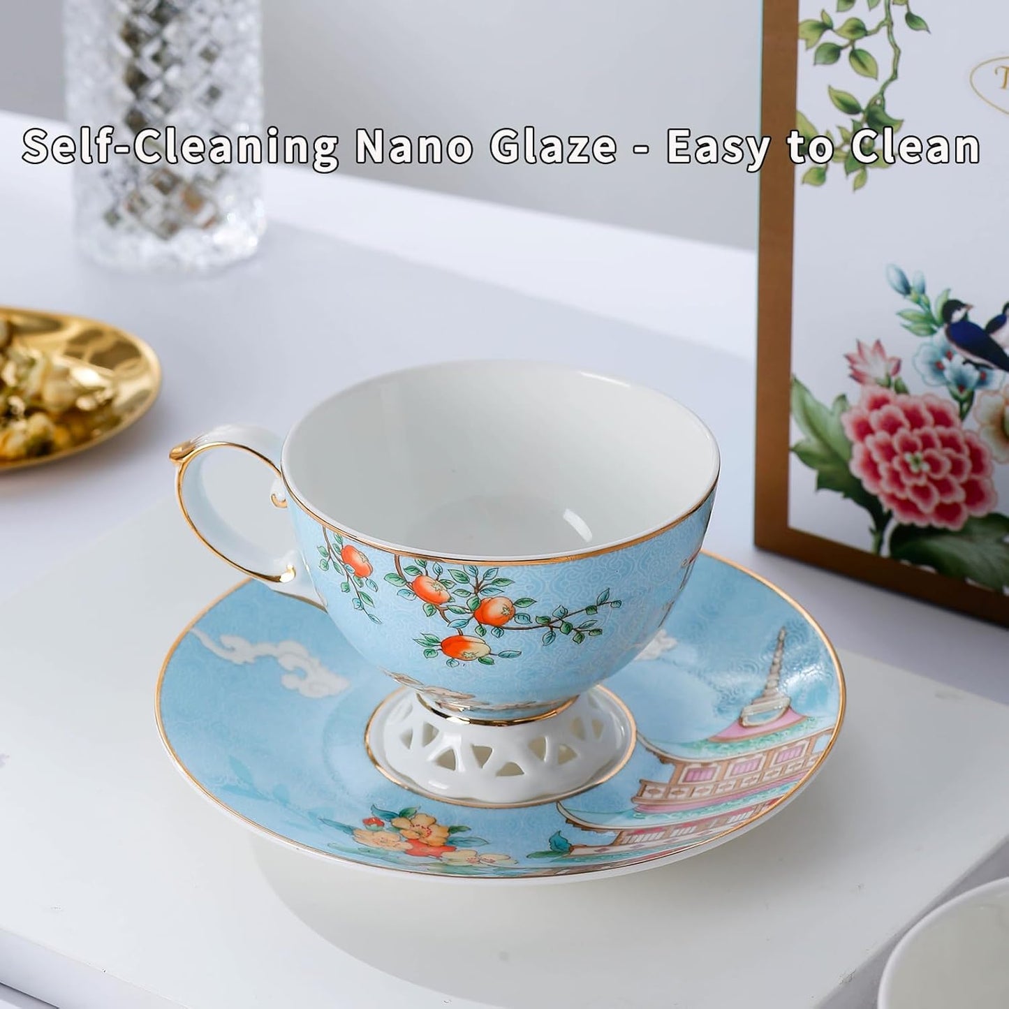 Blue Tea Cup and Saucer Set, Bone China Tea Cup and Saucer with Spoon, Porcelain Floral Teacup Set with Gold Trim, Dishwasher Safe, Food Grade, Gift for Women, Mom, Friends, 6.8 oz