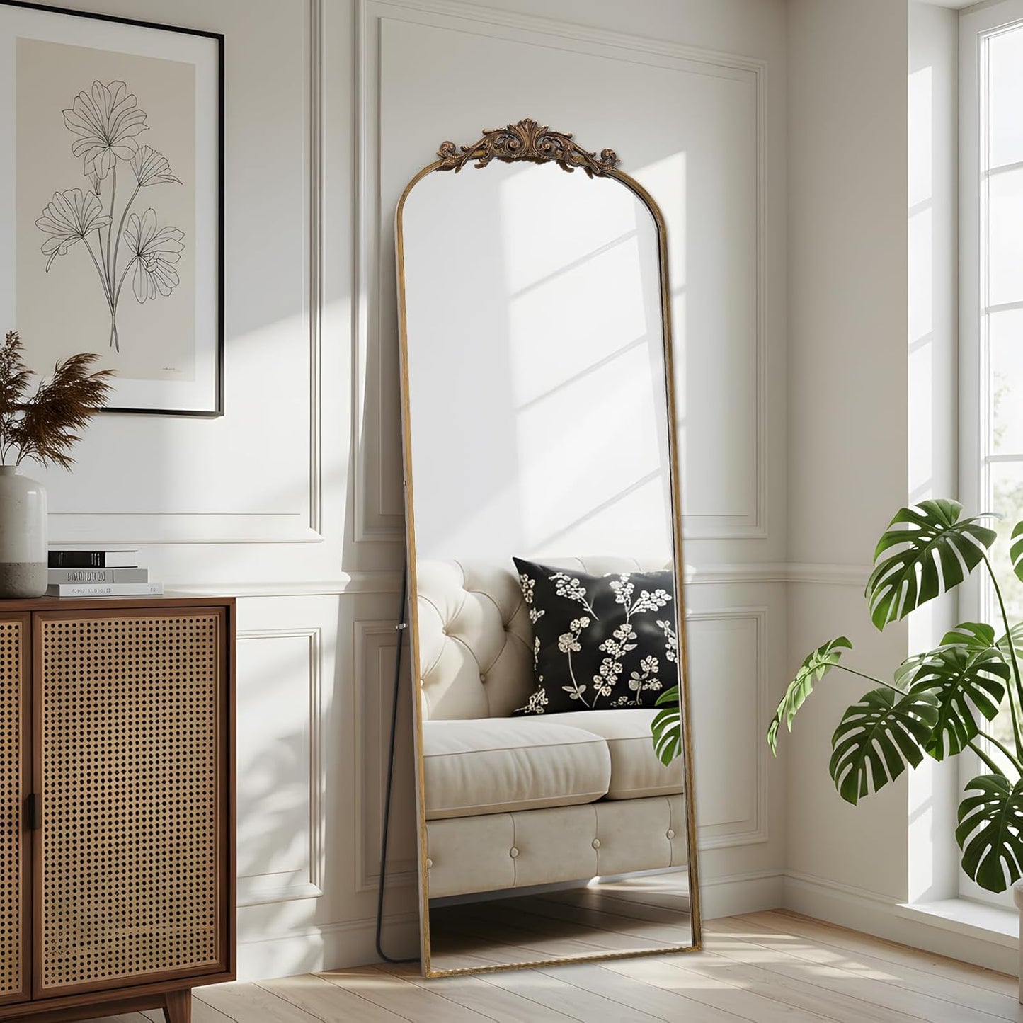 Filigree Floor Mirror 18"x58" Full Length Mirror Freestanding with Vintage Ornate Carved Applique Full Body Hanging Wall Mounted Mirror for Living Room Bedroom Retro Home Decor, Bronze