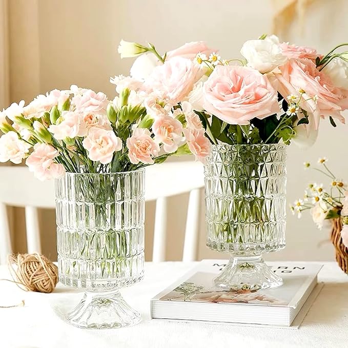 BLOFLO Embossed Glass Vase, 7'' Crystal Glass Vases, Pedestal Big Base Glass Bouquet Vase, Hydroponic Glass Transparent Vase for Home Office Wedding Dining Table Party (Ribbed Pattern)