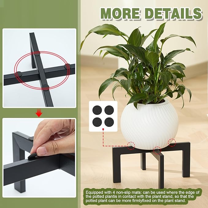 Heavy-Duty Metal Plant Stands Indoor Outdoor, 2/3 Pack Modern Plant Holder & Rattan Stool - Low Short Black Plant Stands Fit 5-12 Inch Pots (Plant Not Included) (2Pcs)