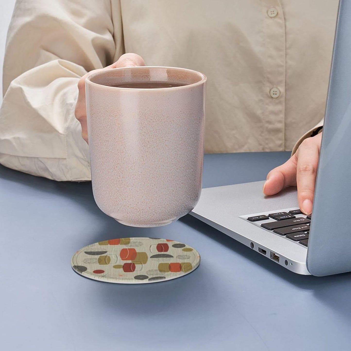 Mid Century Modern Style Leather Drinks Coasters with Holder, Set of 6, Suitable for Various Cups