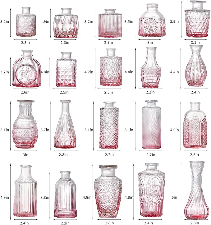 Glass Bud Vase Set of 30 - Small Vases for Flowers in Bulk - Assorted Vintage Crystal Vases for Flowers, Table Centerpieces (Pink, 30 Pcs)