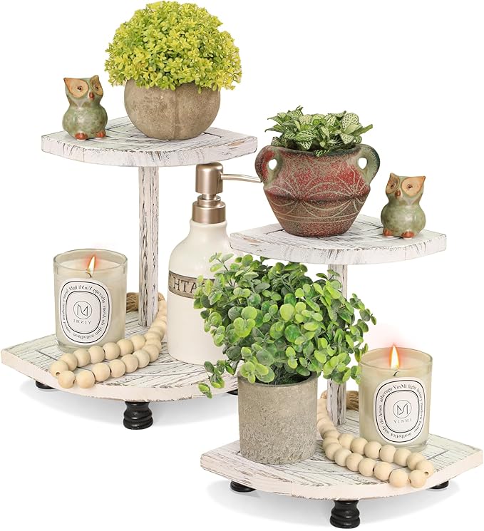 Tikea Decorative Wood Risers for Display, 2-Pack Farmhouse Corner Shelf for Kitchen Bathroom Counter Decor, Farmhouse Risers for Soap Dispenser, Decorations and Plant (White)