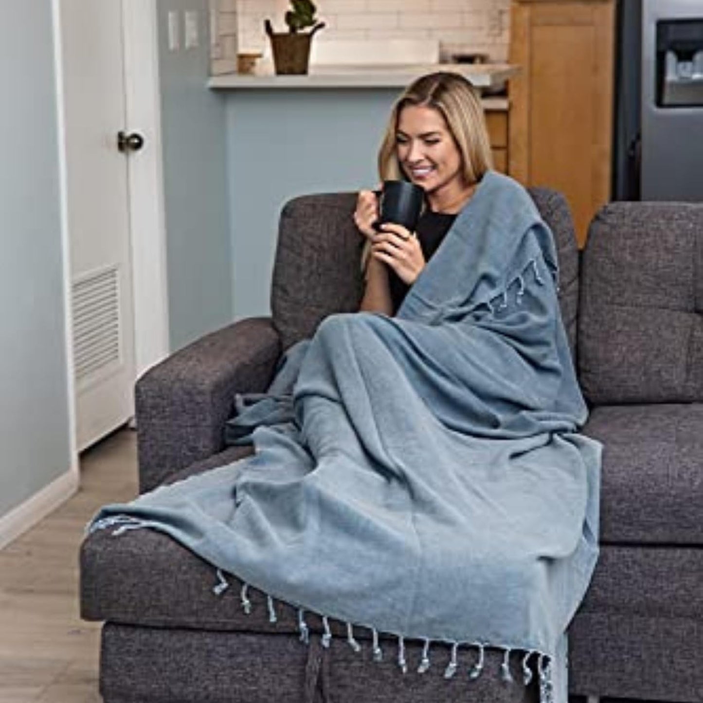 InfuseZen Stonewashed Turkish Throw Blanket - 100% Organic Turkish Cotton - 80" x 48" - Soft, Lightweight, Cozy - for Love Seat, Sofa, Picnic, Yoga - Sand Free Absorbent Beach Blanket - Denim