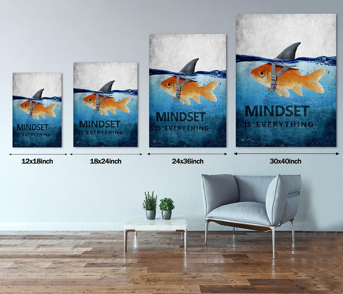 Inspiration Office Canvas Wall Art Posters Goldfish Pictures Big Shark Canvas Painting Mindset is Everything Print Poster Artwork Wooden Home Decor for Guest Room Bar Framed Ready to Hang-24¡±Wx36¡±H