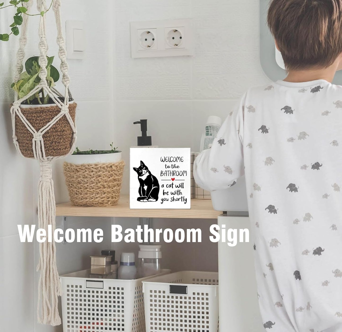 Cute Cat Bathroom Decor and Accessories Desk Wood Box Sign, Black and White Bath Decor Wood Signs, Bath Room Decoration, Welcome To The Bathroom, Gifts for Cats Lovers, 5x5 inch