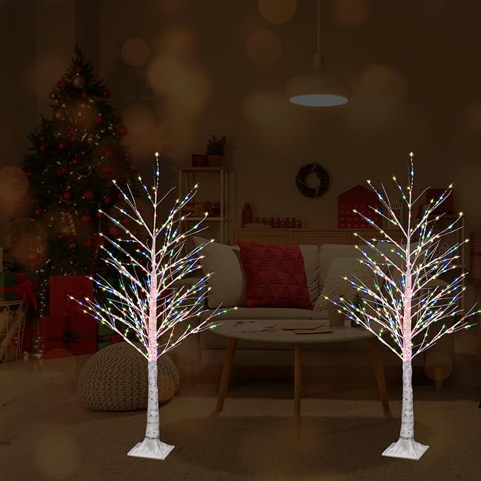 2pack 4FT 240 LED Christmas Birch Tree Multicplor Lights with Twinkle Lights, Twinkling or Steady Function for Selected, Birch Tree with LED Lights for Indoor Outdoor Christmas Tree Decorations