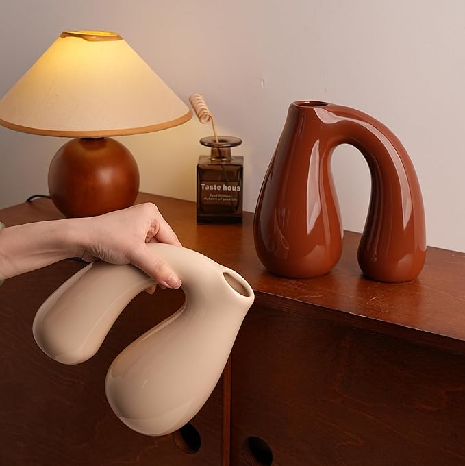 White Ceramic Decorative Pitcher Vase, 7.5 in – Glossy Sculptural Arch-Handle, Modern Home Décor Accent for Fresh or Dried Floral Arrangements, Table/Shelf/Entryway, Giftable