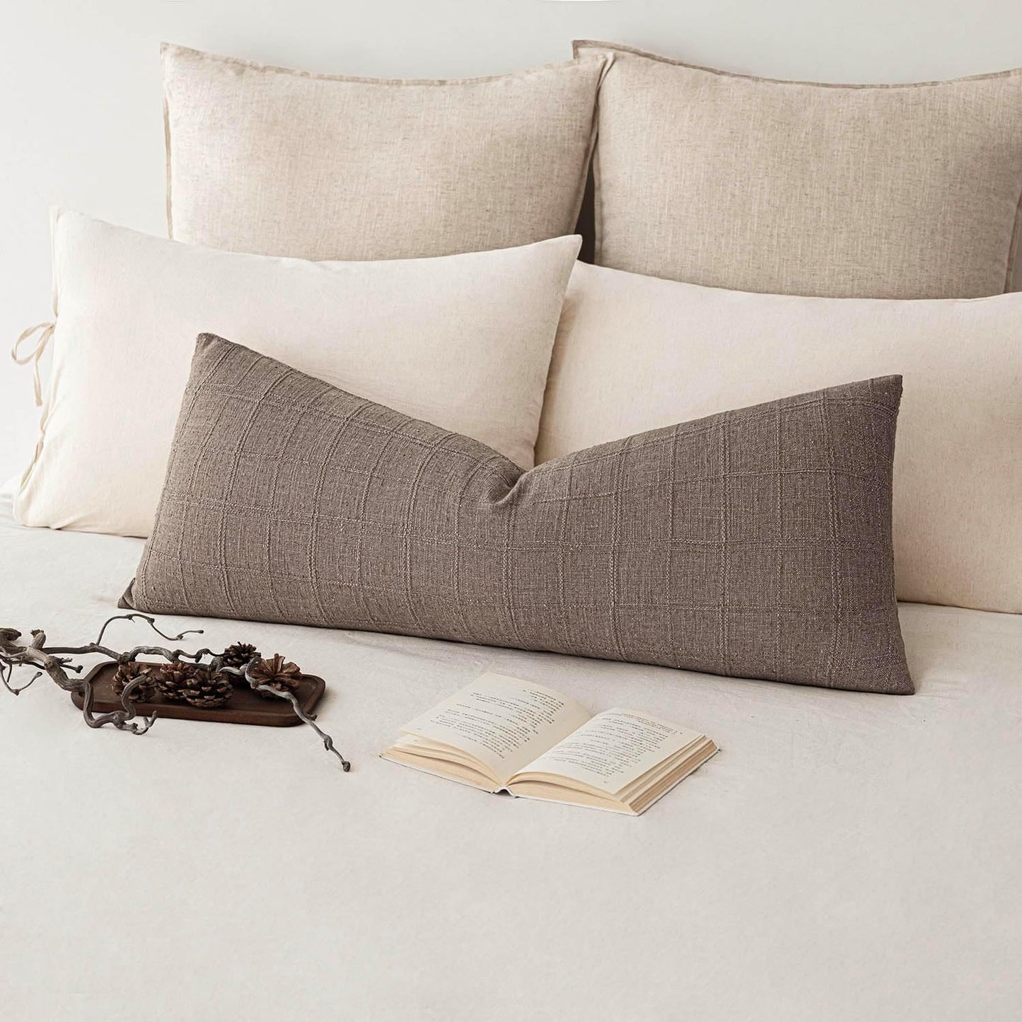 Foindtower Set of 2 Decorative Linen Check Throw Pillow Covers Neutral Long Body Lumbar Cushion Covers Farmhouse Vintage Boho Home Decor for Sofa Chair Couch Bedroom Living Room,14×36 Inch,Tan Taupe