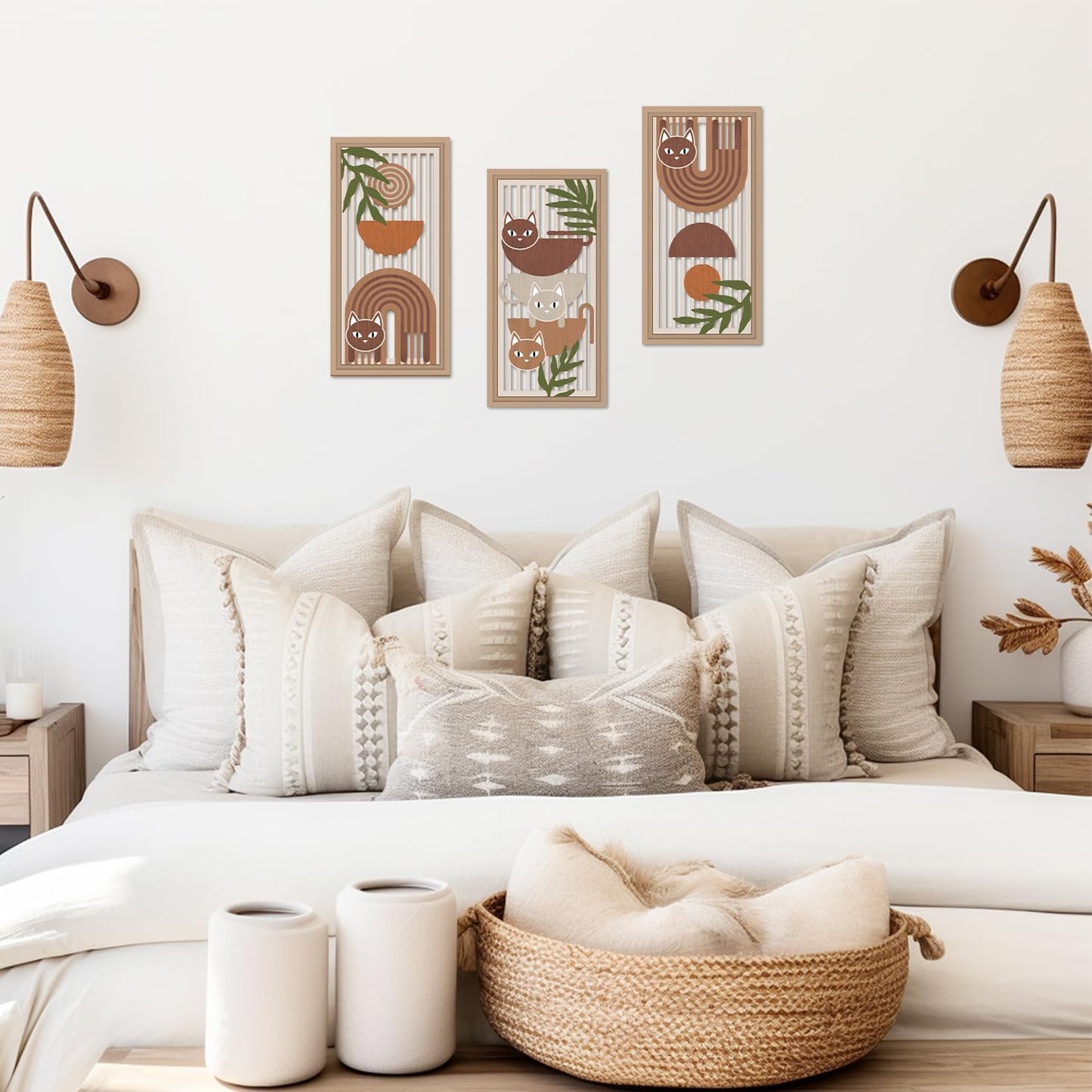 IARTTOP 3 Pcs Boho Cat Wood Wall Decor Mid Century Abstract Artwork Modern Minimalist Wooden Wall Art Bohemian Geometric Hanging Decor for Farmhouse Living Room Bedroom 7.9 x15.8 Inch Cat Gifts