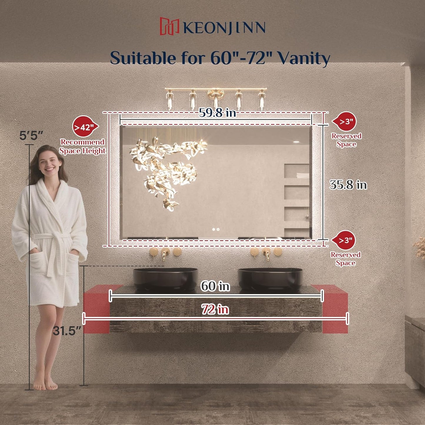 Keonjinn 60 x 36 Inch Oversized Backlit Bathroom Mirror, Large LED Mirror for Bathroom, Decorative Beveled Edge, Tempered Glass, UL-Listed, 3 Color Lights, Defogging, Lighted Wall Mount Vanity Mirror