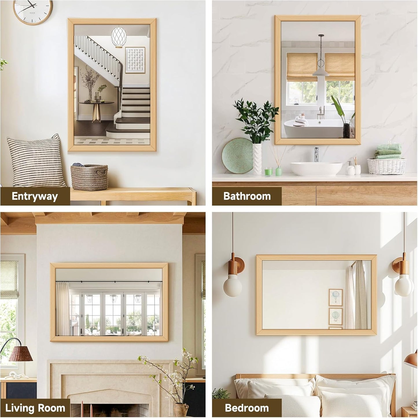 Delma Wall Mirror with Wooden Frame, 36x24 Farmhouse Wall Mounted Floor Mirror with Stand, Vertical Hanging, Leaning Standing for Bathroom,Bedroom, Living Room