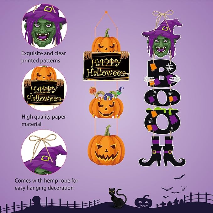 3Pcs Halloween Witch Hanging Decorations, Witch Pumpkin Door Decorations, Happy Halloween Sign Decoration Welcome Sign Hanging Ornaments for Home Wall Door Decor Party Supplies