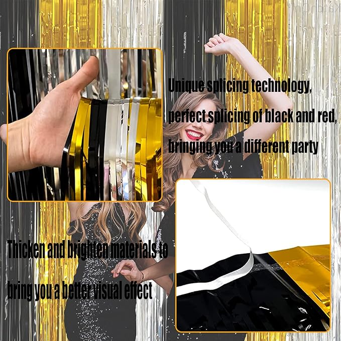 4 Pack Black Gold Silver Foil Fringe Curtain Backdrop, 3.28Ft x 9.8Ft Metallic Tinsel Foil Fringe Streamers for Photo Booth, Wedding, Notorious One Birthday Roaring 20s Graduation Party Decoration