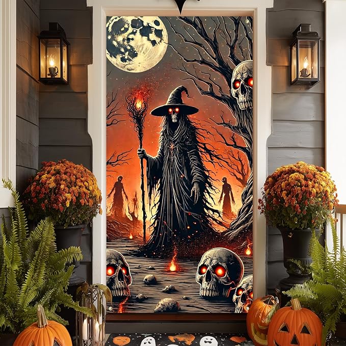 IVN Halloween Door Cover Grim Reaper Witch Scythe Skulls Full Moon Haunted Decor Doors Banner 35x71 Inch Backdrop Decoration for Spooky Events For Girls or boys gifts Banners Dedcrations