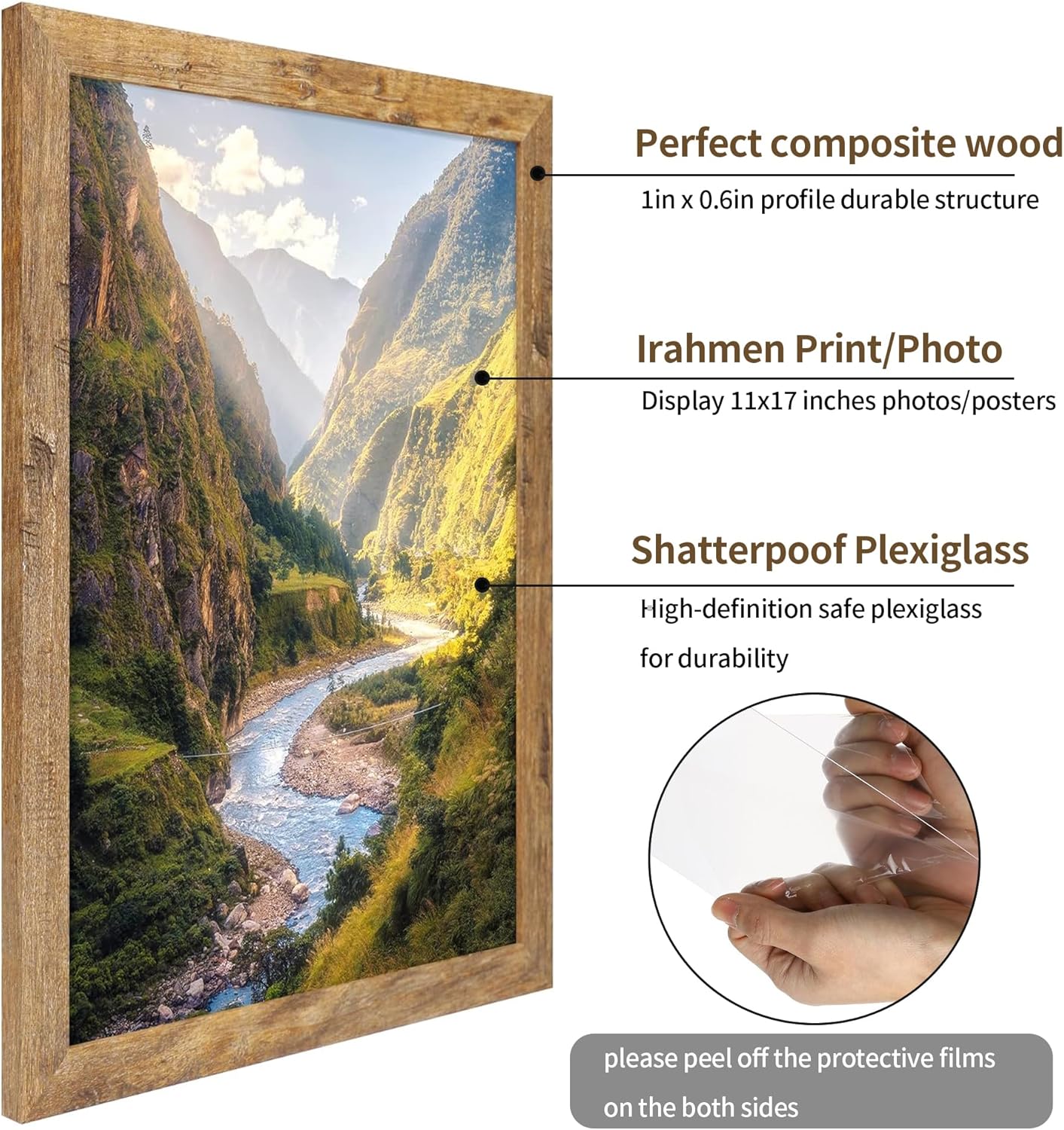 iRahmen 11x17 Picture Frame Set of 2 with Plexiglass, Rustic Brown Wood Poster Frame 11 x 17 for Photo Wall Gallery Mounting Horizontal and Vertical