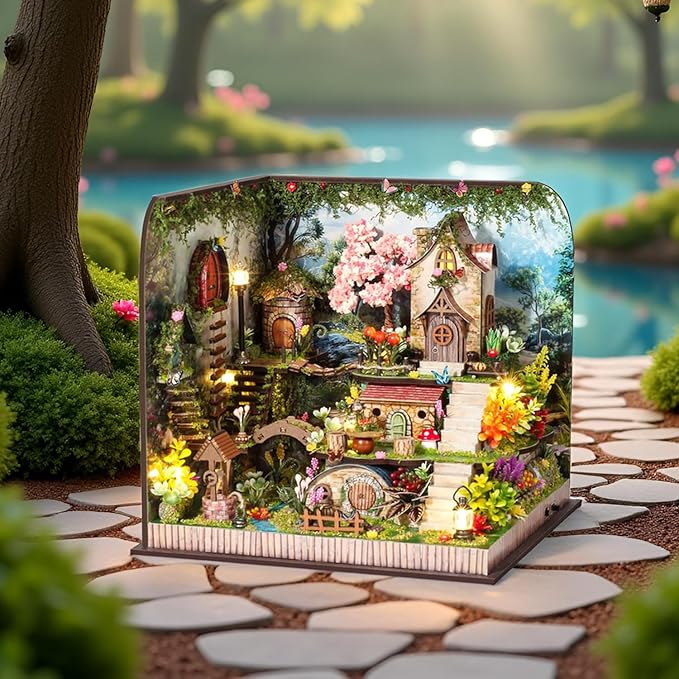 TuKIIE DIY Miniature House Kit with Furniture, 1:24 Scale Creative Room Mini Wooden Dollhouse Book Nook Plus Dust Proof & Music Movement for Kids Teens Adults(Whispering Woods)