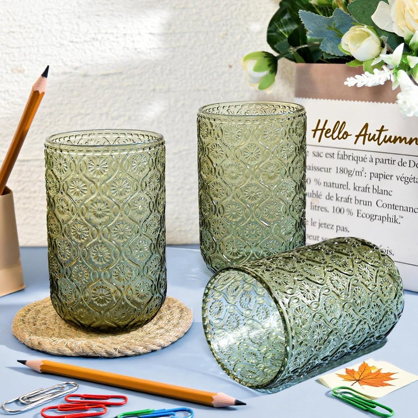 Green Vintage Drinking Glasses Set of 6, 14 oz hobnail drinking glasses Glassware Embossed Green Water Tumbler for Beer, Juice, Cocktail, Whiskey, Milk