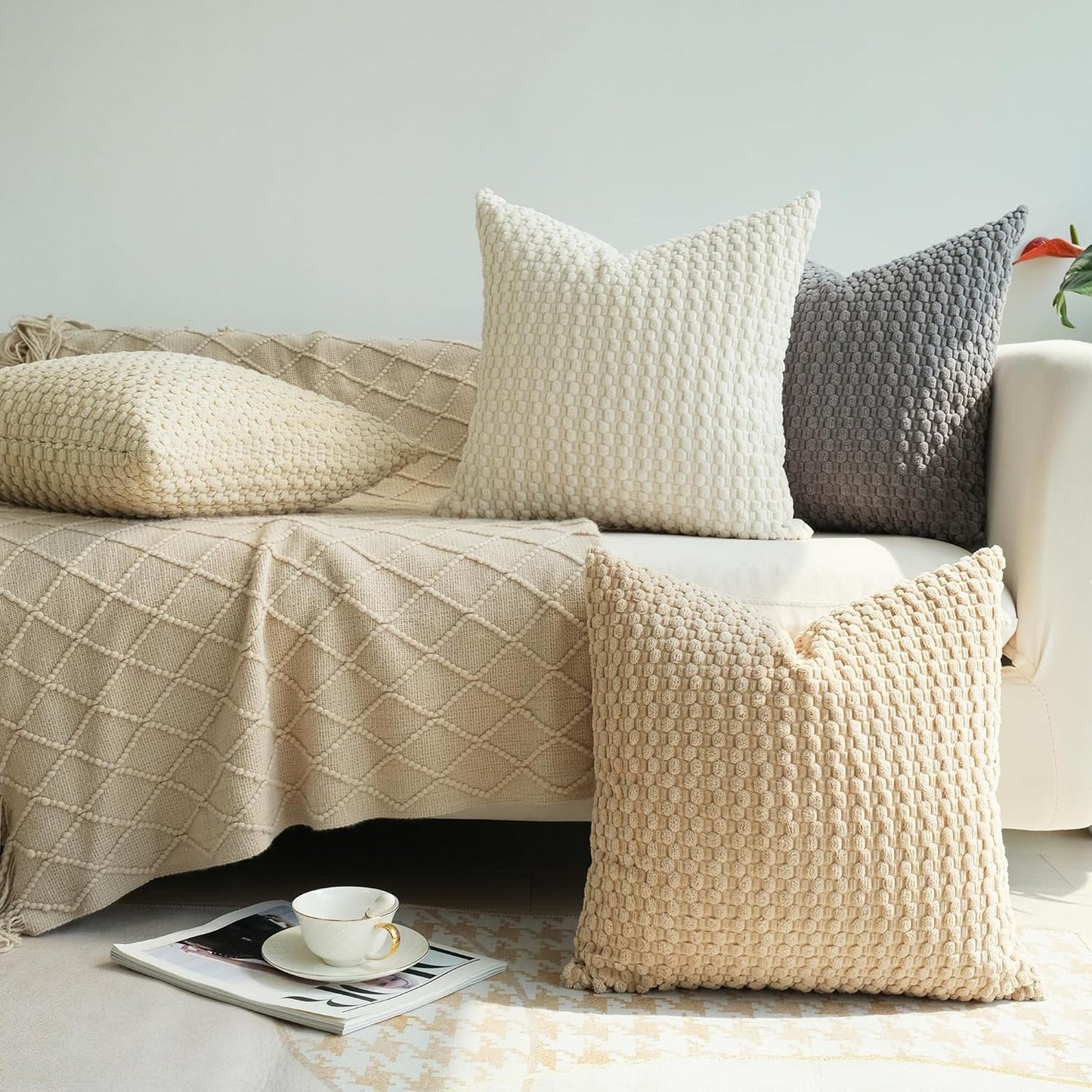 JOJUSIS Pack of 4 Neutral Decorative Throw Pillow Covers Farmhouse Boho Home Decor Striped Corduroy Square Pillowcases 20 x 20 Inch