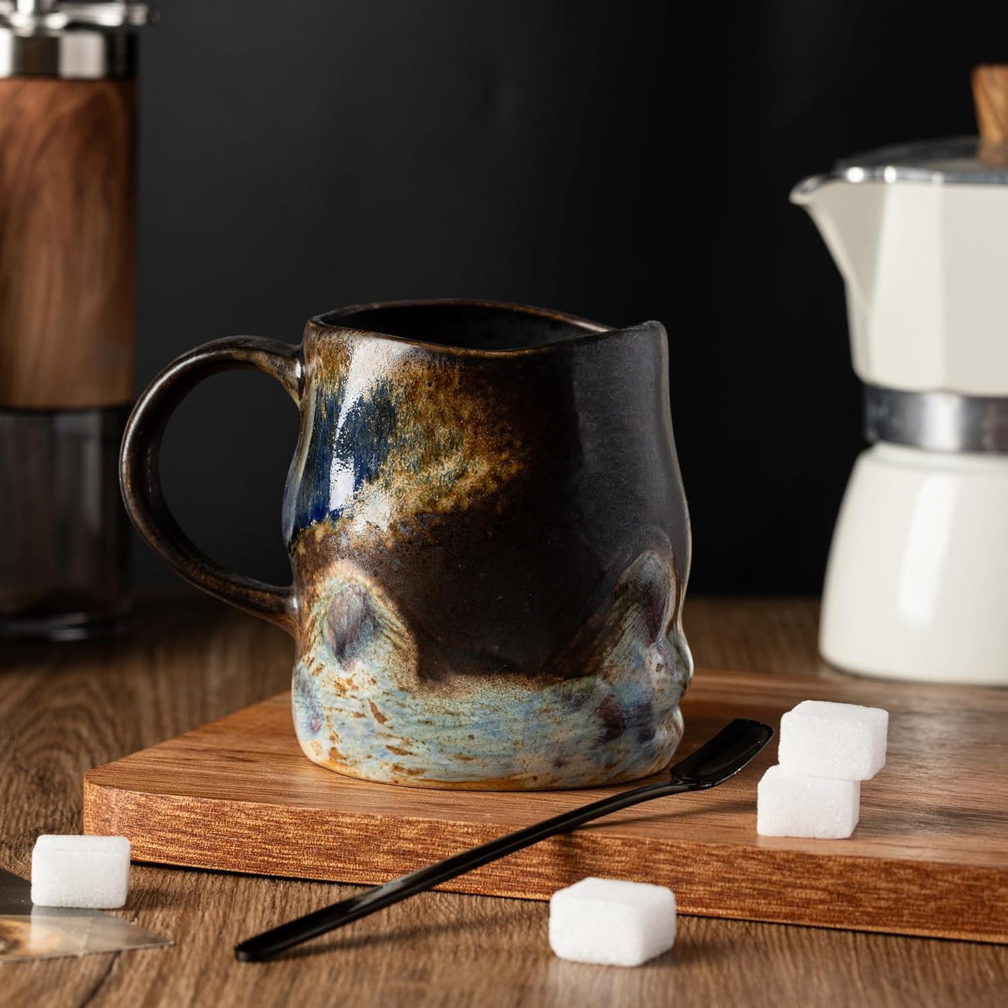 Handmade Ceramic Coffee Mugs, Mugs with Coffee Spoon, 11oz, Handmade Pottery Mug with Handle, Hand-painting, Unique Uneven Surface Tea cups, Dishwasher and Microwave Safe (Coffee Color)