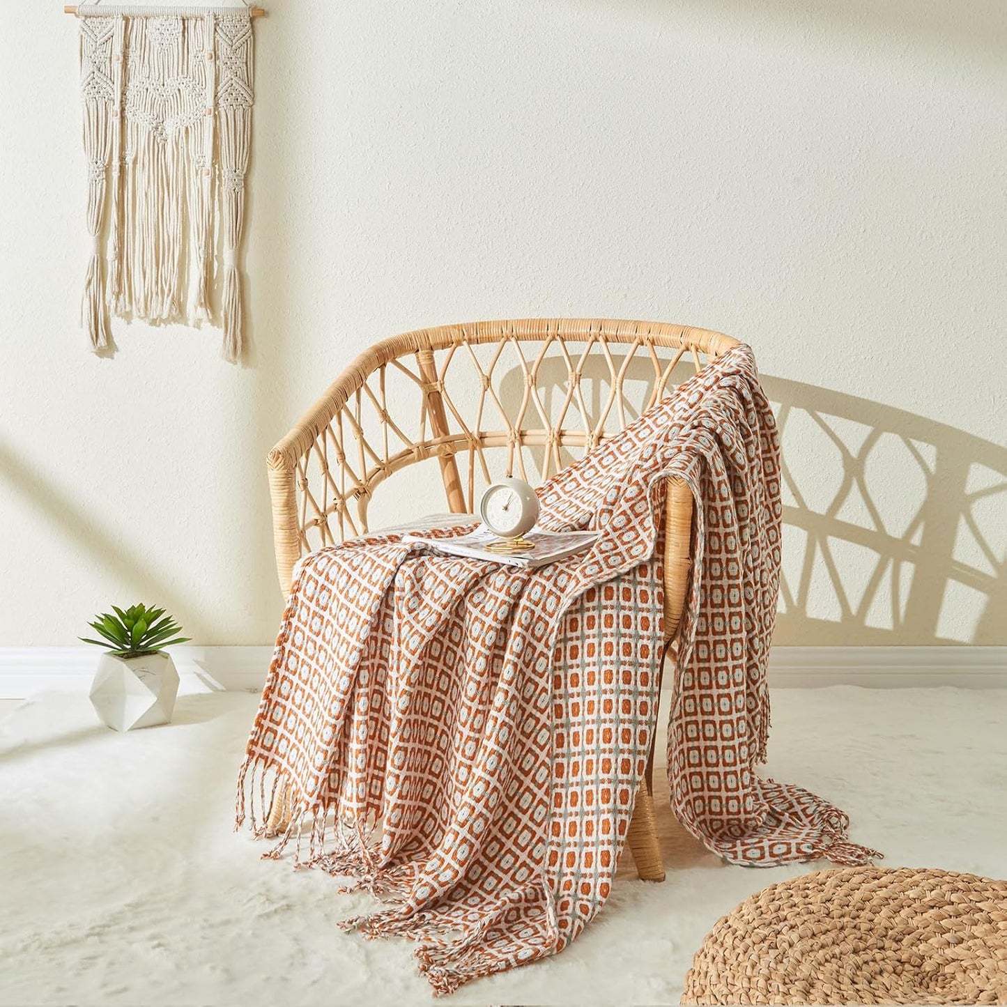 lifein Throw Blanket for Couch - Boho Throw Blanket, Knit Woven Blanket, Soft Decorative Blankets&Throws with Tassels for Bed,Sofa,Chair,Home Decor(50x60in,Rust)