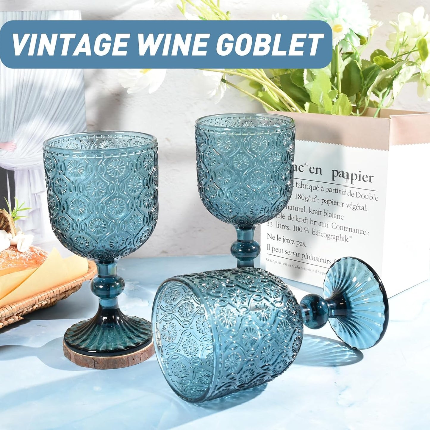 Colored Wine Glass Goblet Set of 6, 14 oz Blue Goblets Glassware, Blue Vintage Glassware for Weddings, Parties, Restaurants, Family Gatherings, Bars, Cafeterias, Dishwasher Safe