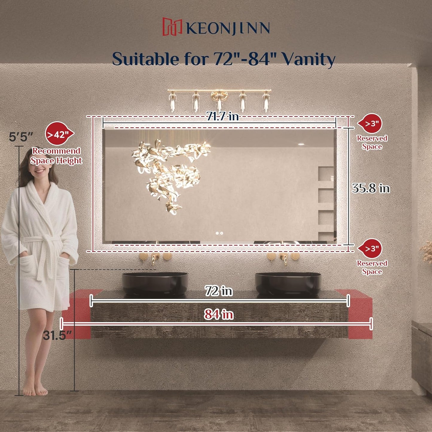 Keonjinn 72 x 36 Inch Large LED Mirror for Bathroom, Backlit Mirror with Beveled Edge, Safe Tempered Glass, Anti-fog, UL-Listed Driver, 3 Color Light, Plug in/Hardwired, Lighted Vanity Mirror for Wall