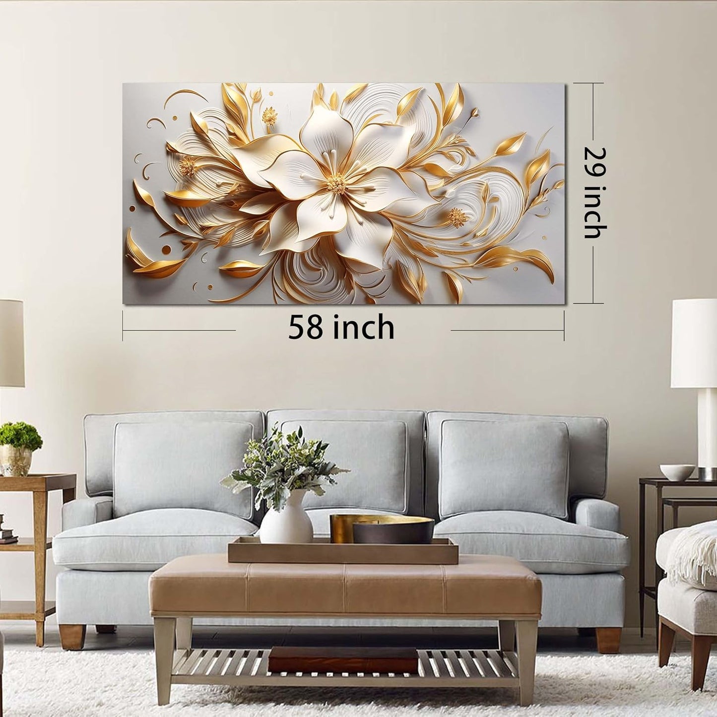 Flower Canvas Wall Art for Bedroom White and Gold Wall Decor for Living Room Wall Art for Dining Room Large Size 29" x 58"