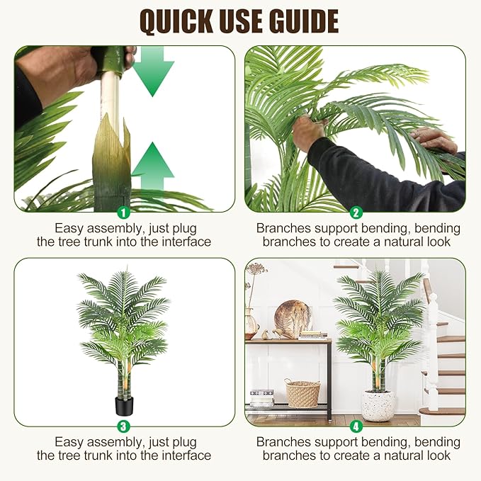 Triple Golden Cane Palm Artificial Tree 4ft Tall Large Faux Tropical Palm Tree UV Resistant Fake Plant in Pot for Indoor Outdoor Big House Living Room Patio Office Home Outside Decor 2Pack