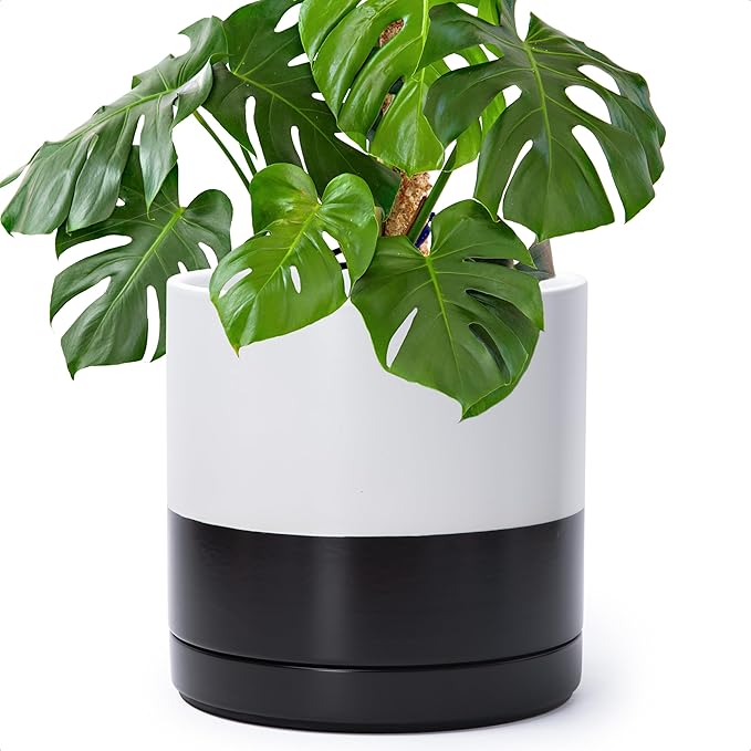 D'vine Dev 10 Inch Ceramic Planter Pot with Drainage Hole and Saucer, Indoor Cylinder Round Planter Pot, Layered Monochrome Black & White, 94-O-E-L