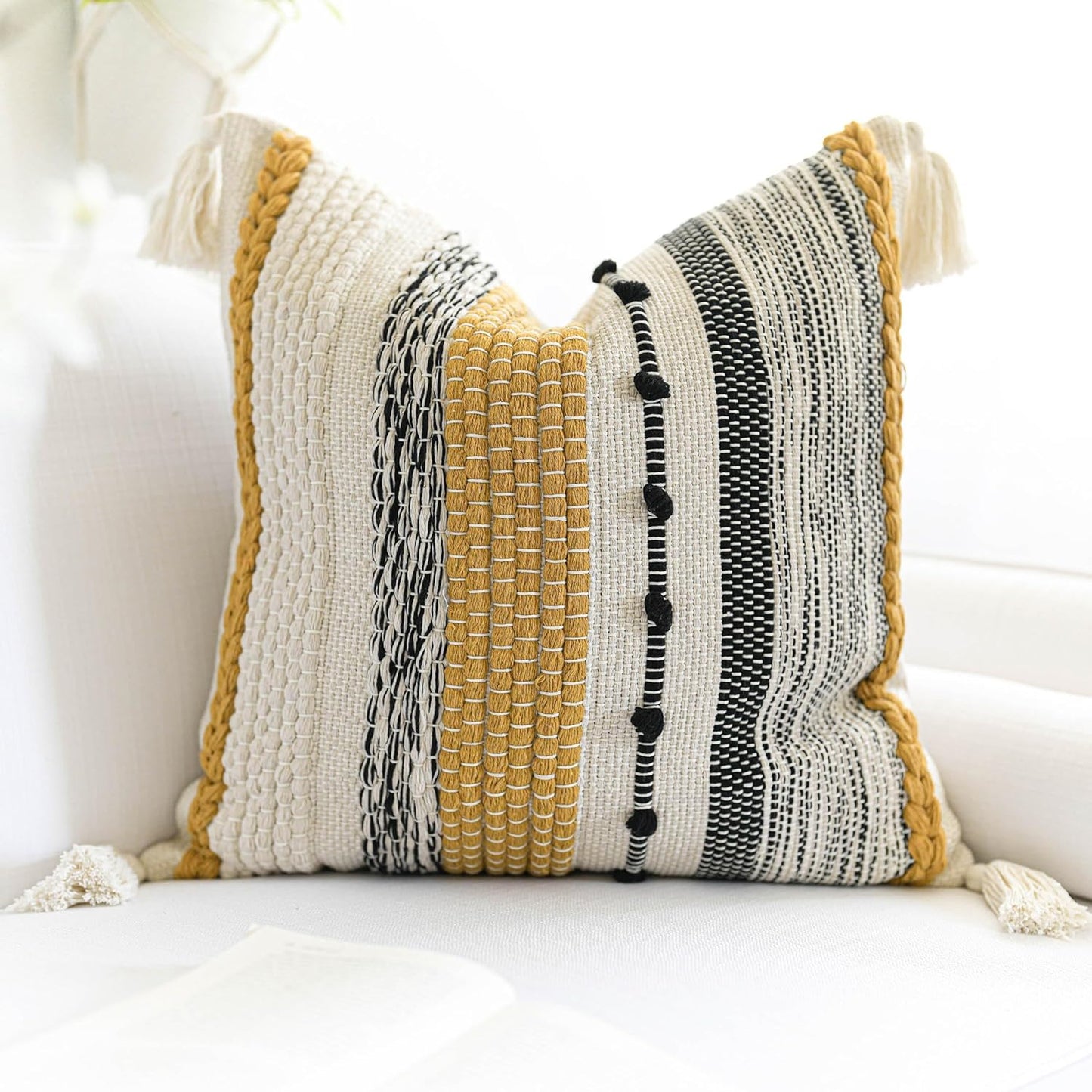 BlissBlush Fall Yellow Mustard Decorative Throw Pillow Cover 18x18 Square Boho Accent Pillowcase Tassels Farmhouse Cushion for Couch Sofa Bedroom Living Room Home Décor Cover ONLY