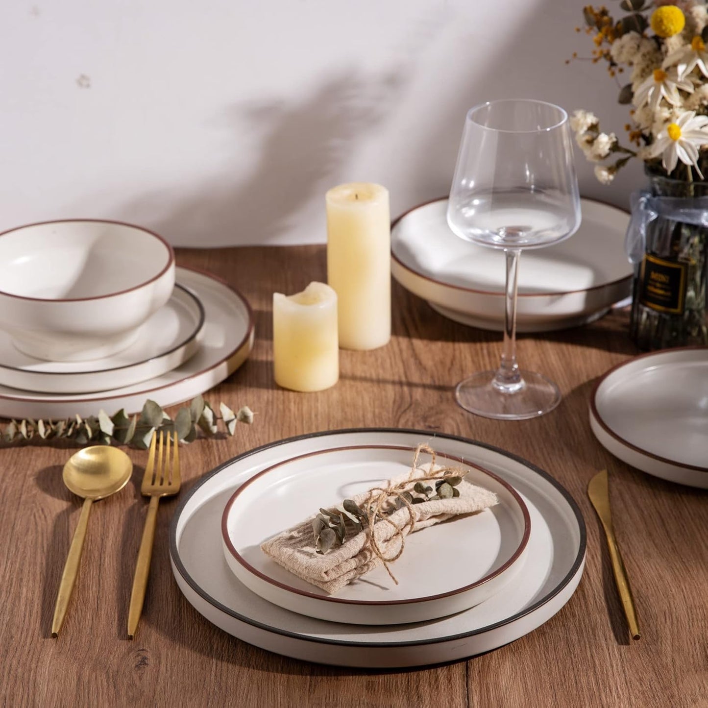 LERATIO Ceramic Plates,8.0 Inch Flat Salad Plates Set of 6,High Edge Modern plates for Kitchen,Microwave & Dishwasher & Oven Safe, Scratch Resistant Dishes Set-Matte White with Rim