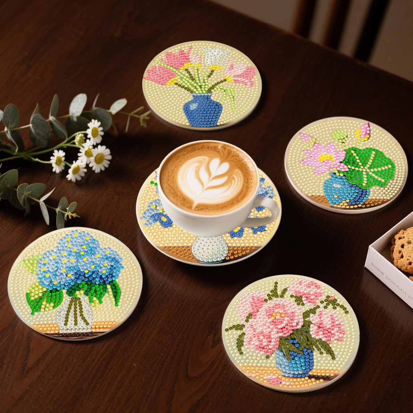 DOZEEZOP 8 PCS Hydrangea Diamond Art Coasters Kit, Flowers 5D Diamond Painting Coasters with Holder, Fall Small Diamond Art Kits for Adults Beginners, Diamond Dots Arts and Crafts Supplies