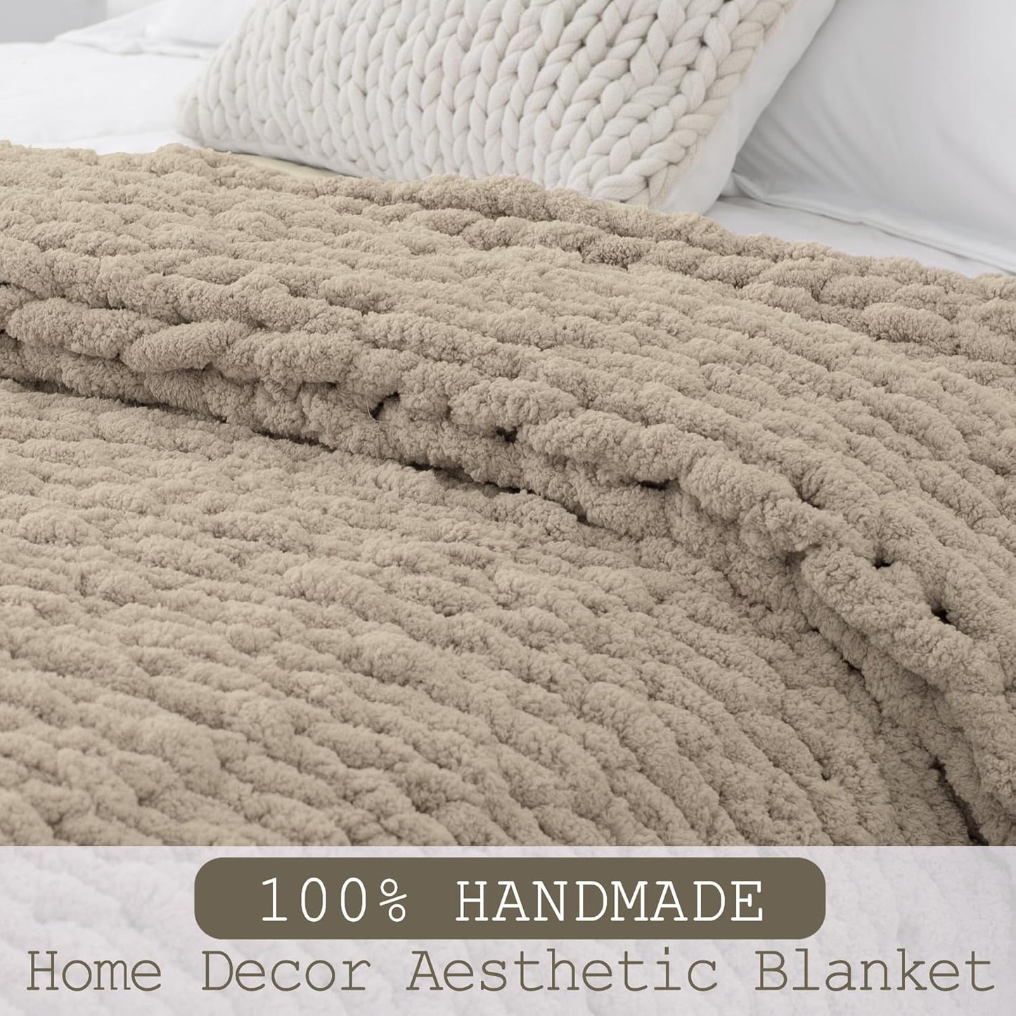 Chunky Knit Throw Blanket 60"X 80", 100% Handmade with Soft Chenille Yarn, 6.7lbs Thick Cable Knitted Blankets, Large Rope Knot Crochet Throws for Couch Sofa Bed Home Decor, Taupe