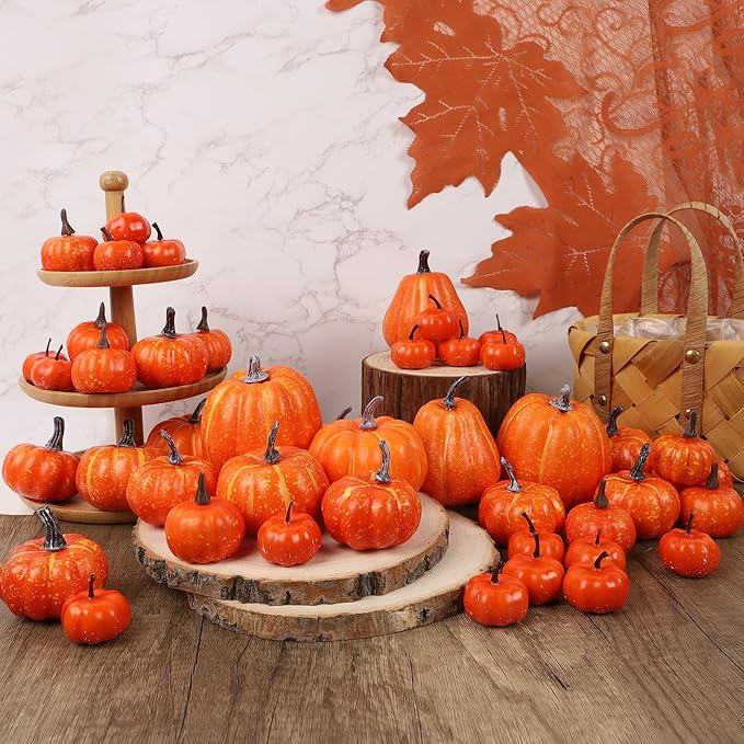 winemana 46 Pcs Assorted Size Artificial Pumpkins Fall Decorations, Orange Foam Pumpkin Autumn Decor, Decorative Faux Pumpkin for Harvest Thanksgiving Table Centerpiece Mantle Bowl Wedding Party