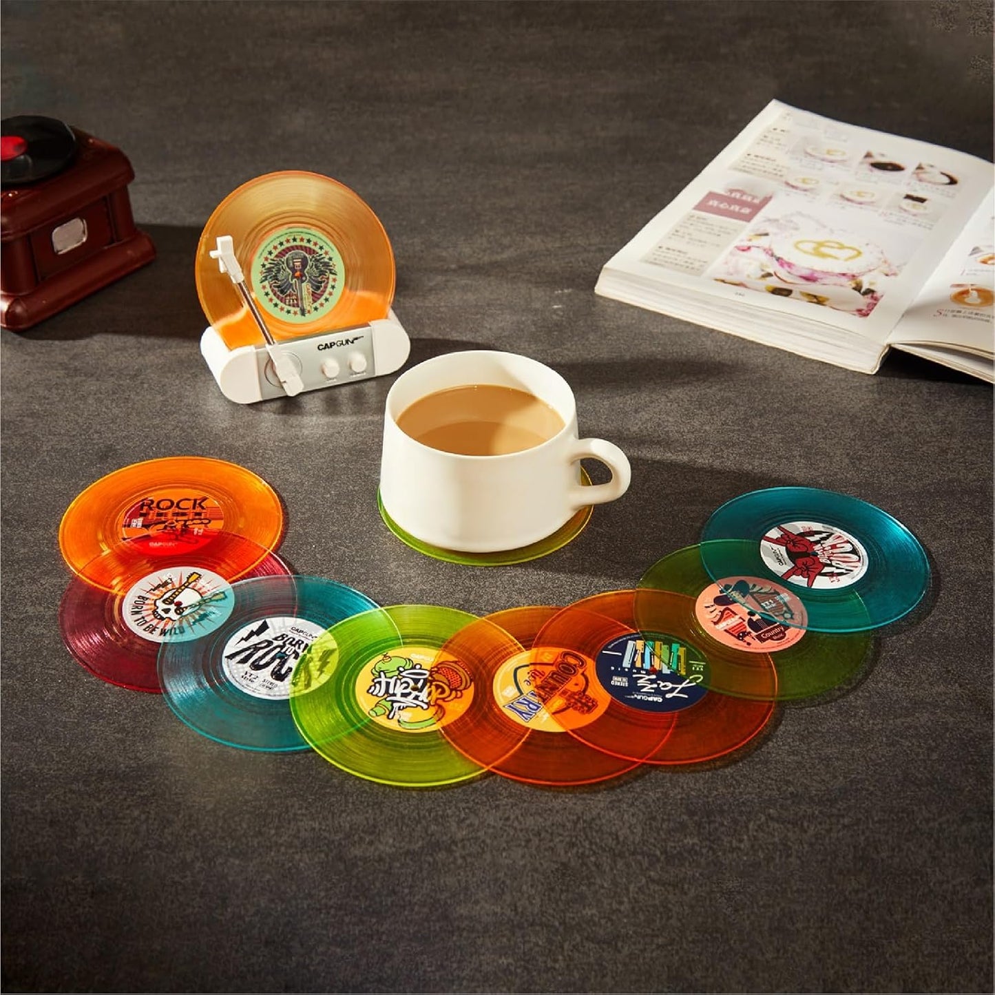 Funny Retro Vinyl Record Coasters, Creative Drink Coasters Set of 6 with Vinyl Record Player Holder for Music Lovers, Housewarming Hostess Gifts (12, V1&V4)