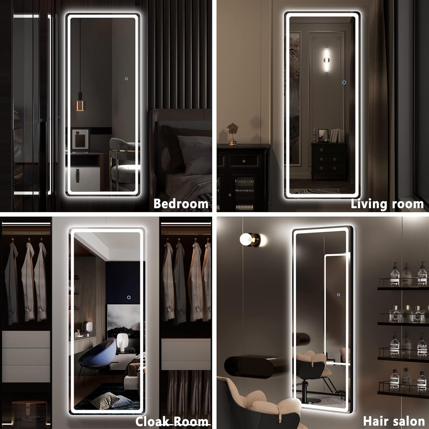 Hasipu LED Door Mirror Full Length, 44.1" x 15.8" Lighted Over The Door Hanging, Full Body Wall Mounted, Light Up Long Dressing, Round Black