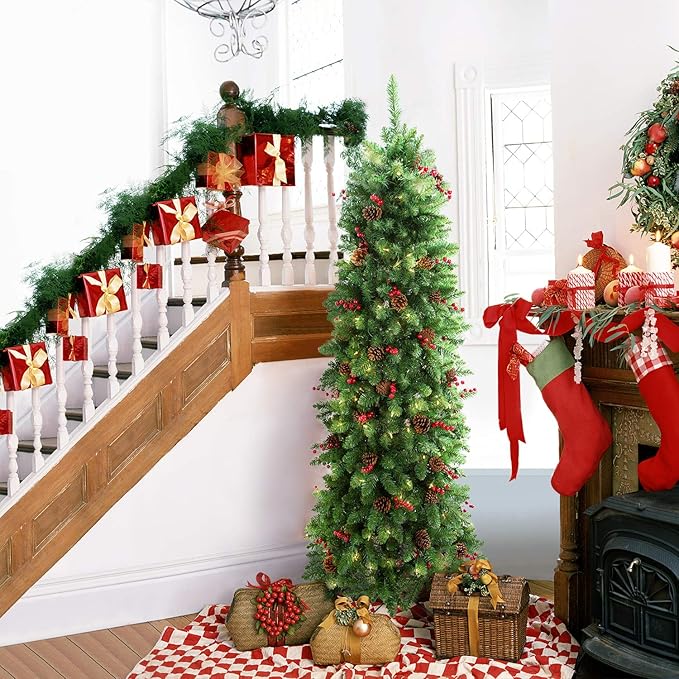 6.5FT Prelit Slim Christmas Tree Pine Tree Decorated with 250 Clear Lights, Pine Cone and Red Berries for Festive Holiday Decor