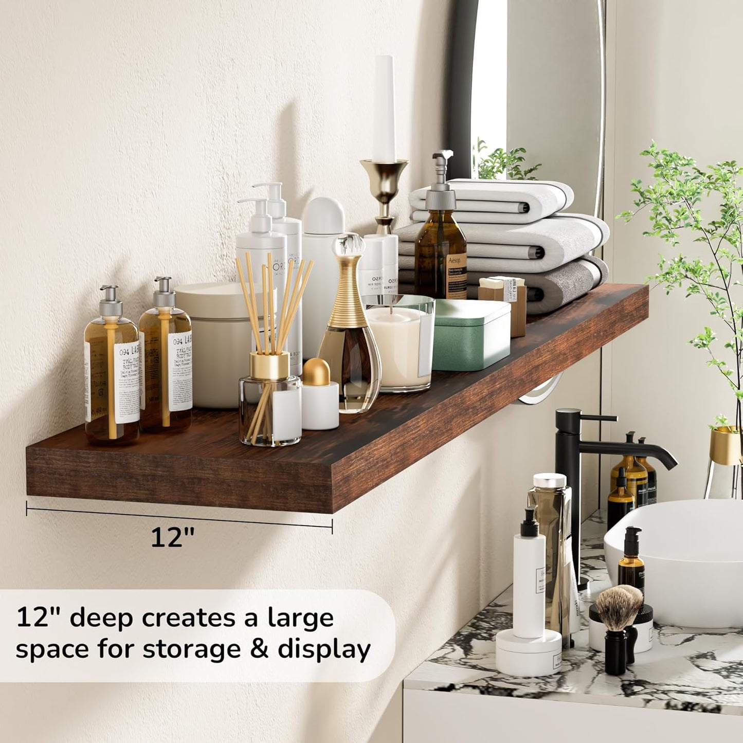 Fun Memories 55 Inch Floating Shelves - 12 Inch Deep Rustic Wooden Wall Shelves - Extra Deeper & Thicker Wall Mounted Storage Shelf for Living Room, Kitchen, Farmhouse - 55" W x 12" D x 1.8"H - Brown
